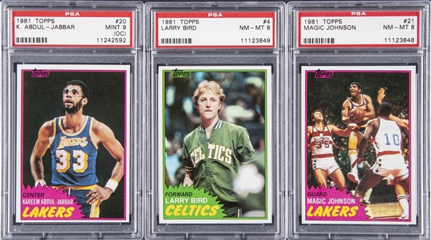 1981-82 Topps Basketball PSA Card Trio (3) Including Magic, Bird, & Kareem! - Graded NM-MT 8 or higher